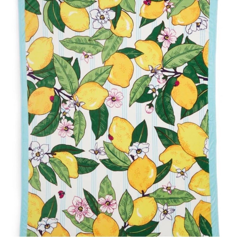 Vera Bradley Lemon Grove White Blue Yellow Green Oversized Plush Throw Blanket